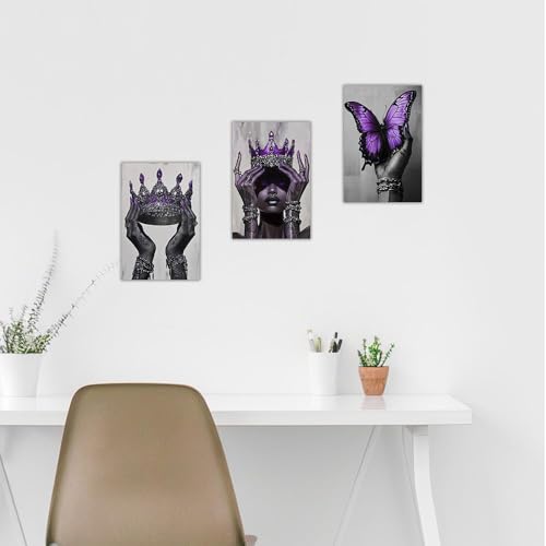 DOARTDO African American Canvas Wall Art 3 Pieces Purple Fashion Black Art Print Black Woman Pictures with Crown African Queen Painting Home Decor Framed (12"x16"x3 Pieces)