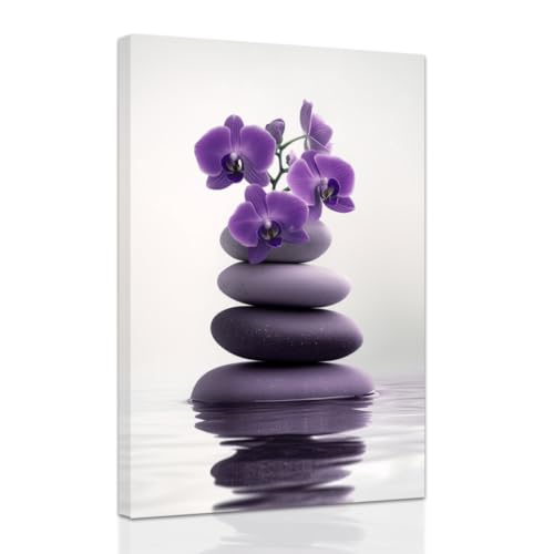 ZXHYWYM Zen Wall Art Stones Picture Orchid Canvas Painting Purple Zen Water Prints Spa Bathroom Decor Meditation Yoga Room Office Home Framed (12" x 18")