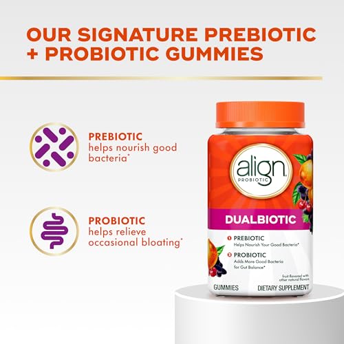Align Dualbiotic, Prebiotics and Probiotics for Women and Men, Probiotics for Digestive Health, Prebiotics Help Nourish Good Bacteria, Natural Fruit Flavors, 90 Probiotic Gummies