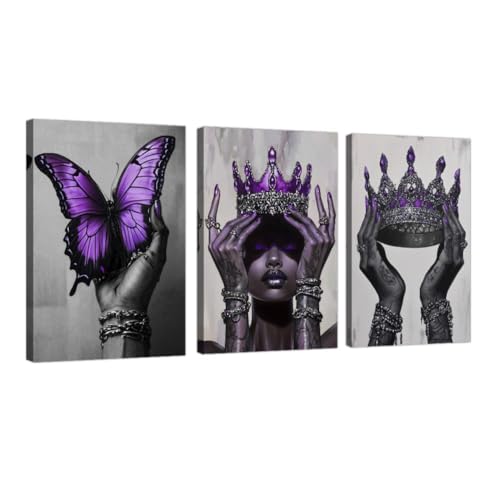 DOARTDO African American Canvas Wall Art 3 Pieces Purple Fashion Black Art Print Black Woman Pictures with Crown African Queen Painting Home Decor Framed (12"x16"x3 Pieces)