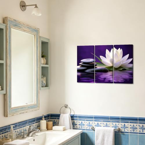 CXHOSTENT Bathroom Wall Art 3PCS White Lotus Bloom in Water Canvas Prints Black Zen Stone Pictures Spa Paintings for Meditation Spiritual Room Decor Framed (Purple, 8x16inchx3 Pieces)