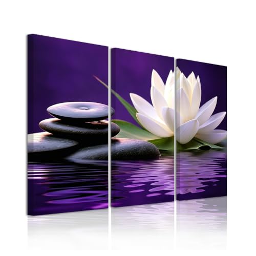 CXHOSTENT Bathroom Wall Art 3PCS White Lotus Bloom in Water Canvas Prints Black Zen Stone Pictures Spa Paintings for Meditation Spiritual Room Decor Framed (Purple, 8x16inchx3 Pieces)