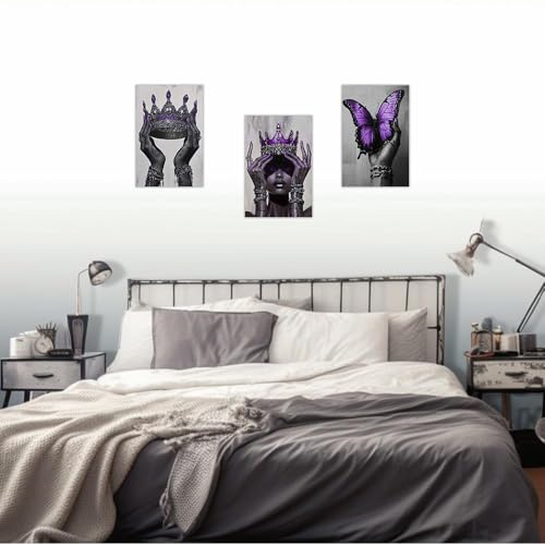 DOARTDO African American Canvas Wall Art 3 Pieces Purple Fashion Black Art Print Black Woman Pictures with Crown African Queen Painting Home Decor Framed (12"x16"x3 Pieces)