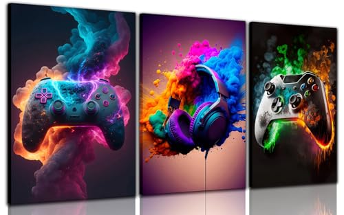 BGFCE Gaming Room Decor Canvas Wall Art Set of 3 - Cool Video Gaming Theme Wall Decor, Gamer Paintings Picture Print for Teen Boys Room 12x16 inch Framed