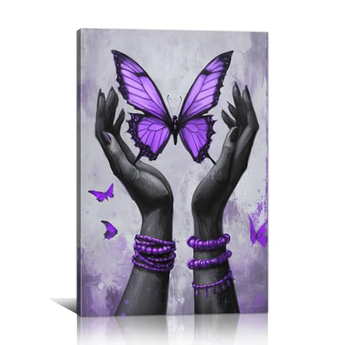 African American Wall Art Purple Butterfly Canvas Prints Black Woman Pictures Black Girl Paintings Fashion Poster for Living Room Bedroom Bathroom Girls Room Wall Decor Framed(Fashion-2,12L x 18W)