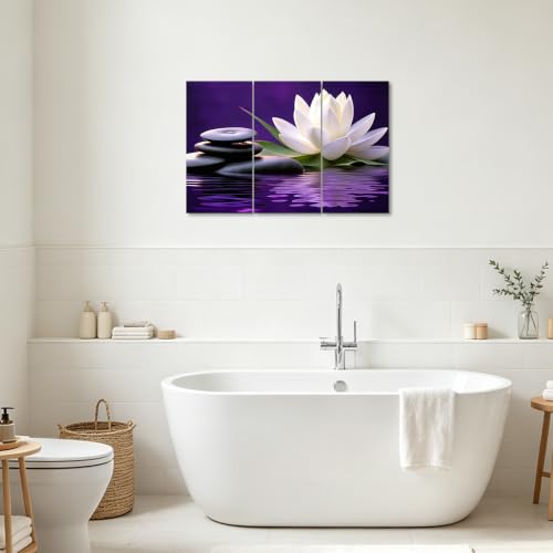 CXHOSTENT Bathroom Wall Art 3PCS White Lotus Bloom in Water Canvas Prints Black Zen Stone Pictures Spa Paintings for Meditation Spiritual Room Decor Framed (Purple, 8x16inchx3 Pieces)