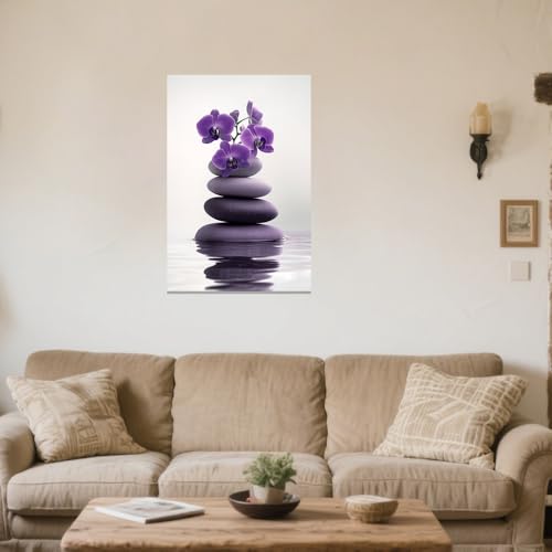 ZXHYWYM Zen Wall Art Stones Picture Orchid Canvas Painting Purple Zen Water Prints Spa Bathroom Decor Meditation Yoga Room Office Home Framed (12" x 18")