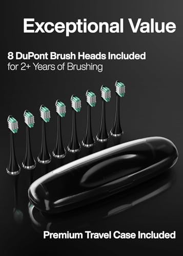 Aquasonic Black Series Ultra Whitening Toothbrush – ADA Accepted Electric Toothbrush- 8 Brush Heads & Travel Case – 40,000 VPM Electric Motor & Wireless Charging - 4 Modes w Smart Timer
