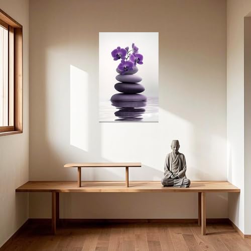 ZXHYWYM Zen Wall Art Stones Picture Orchid Canvas Painting Purple Zen Water Prints Spa Bathroom Decor Meditation Yoga Room Office Home Framed (12" x 18")