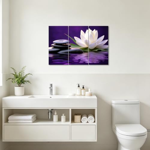 CXHOSTENT Bathroom Wall Art 3PCS White Lotus Bloom in Water Canvas Prints Black Zen Stone Pictures Spa Paintings for Meditation Spiritual Room Decor Framed (Purple, 8x16inchx3 Pieces)