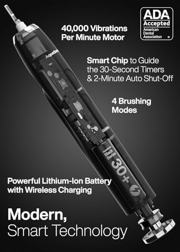 Aquasonic Black Series Ultra Whitening Toothbrush – ADA Accepted Electric Toothbrush- 8 Brush Heads & Travel Case – 40,000 VPM Electric Motor & Wireless Charging - 4 Modes w Smart Timer