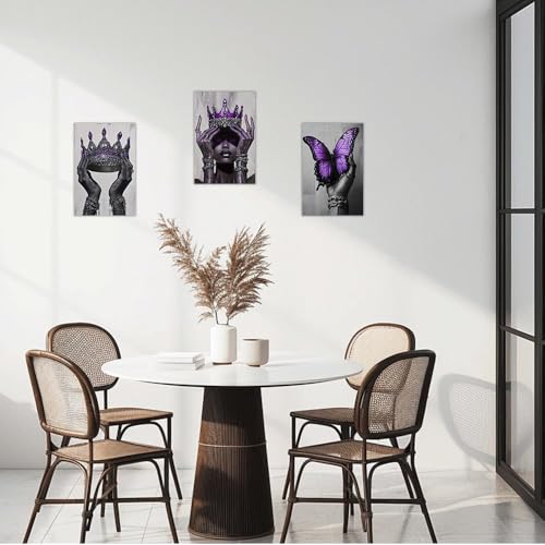 DOARTDO African American Canvas Wall Art 3 Pieces Purple Fashion Black Art Print Black Woman Pictures with Crown African Queen Painting Home Decor Framed (12"x16"x3 Pieces)