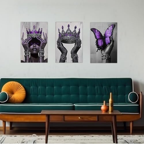 DOARTDO African American Canvas Wall Art 3 Pieces Purple Fashion Black Art Print Black Woman Pictures with Crown African Queen Painting Home Decor Framed (12"x16"x3 Pieces)