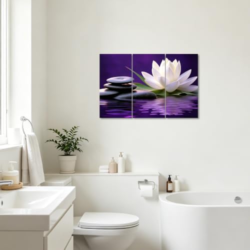 CXHOSTENT Bathroom Wall Art 3PCS White Lotus Bloom in Water Canvas Prints Black Zen Stone Pictures Spa Paintings for Meditation Spiritual Room Decor Framed (Purple, 8x16inchx3 Pieces)