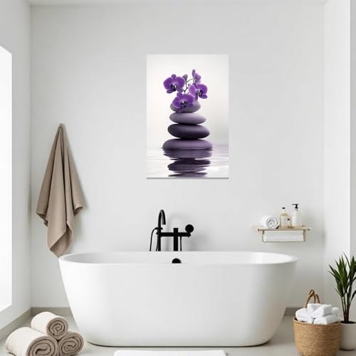 ZXHYWYM Zen Wall Art Stones Picture Orchid Canvas Painting Purple Zen Water Prints Spa Bathroom Decor Meditation Yoga Room Office Home Framed (12" x 18")