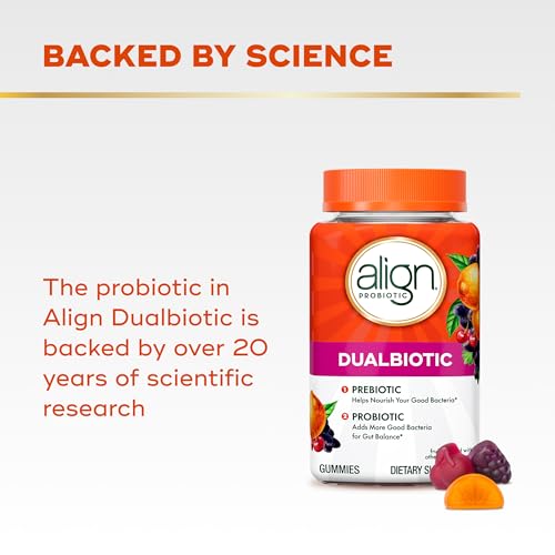 Align Dualbiotic, Prebiotics and Probiotics for Women and Men, Probiotics for Digestive Health, Prebiotics Help Nourish Good Bacteria, Natural Fruit Flavors, 90 Probiotic Gummies