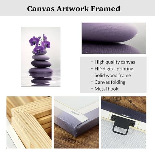 ZXHYWYM Zen Wall Art Stones Picture Orchid Canvas Painting Purple Zen Water Prints Spa Bathroom Decor Meditation Yoga Room Office Home Framed (12" x 18")