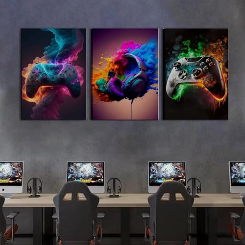 BGFCE Gaming Room Decor Canvas Wall Art Set of 3 - Cool Video Gaming Theme Wall Decor, Gamer Paintings Picture Print for Teen Boys Room 12x16 inch Framed