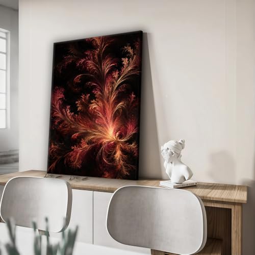 Abstract Red Flame Fractal Wall Art, Fiery Feather Canvas Poster Print