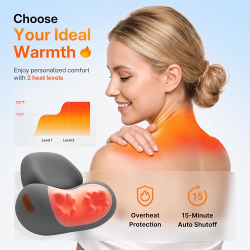 Shiatsu Neck Massager Pillow with Massage, Heat & Traction, Cordless, Grey