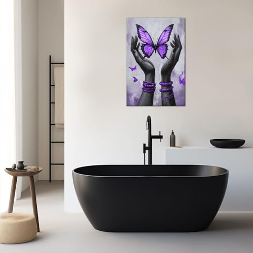 African American Wall Art Purple Butterfly Canvas Prints Black Woman Pictures Black Girl Paintings Fashion Poster for Living Room Bedroom Bathroom Girls Room Wall Decor Framed(Fashion-2,12L x 18W)
