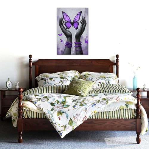 African American Wall Art Purple Butterfly Canvas Prints Black Woman Pictures Black Girl Paintings Fashion Poster for Living Room Bedroom Bathroom Girls Room Wall Decor Framed(Fashion-2,12L x 18W)