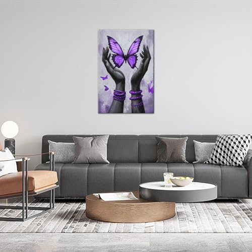 African American Wall Art Purple Butterfly Canvas Prints Black Woman Pictures Black Girl Paintings Fashion Poster for Living Room Bedroom Bathroom Girls Room Wall Decor Framed(Fashion-2,12L x 18W)