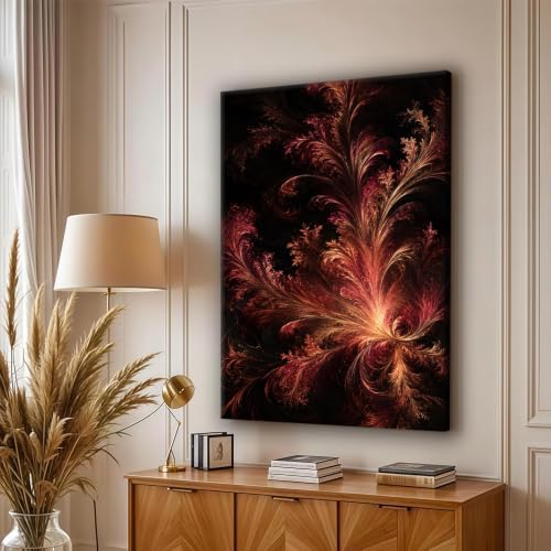 Abstract Red Flame Fractal Wall Art, Fiery Feather Canvas Poster Print