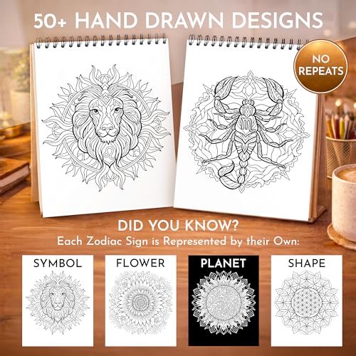Mandala Coloring Book for Adults, 50 Unique Zodiac Designs, Spiral Bound