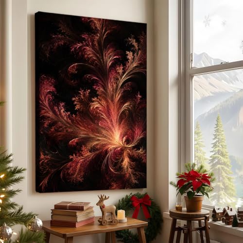 Abstract Red Flame Fractal Wall Art, Fiery Feather Canvas Poster Print