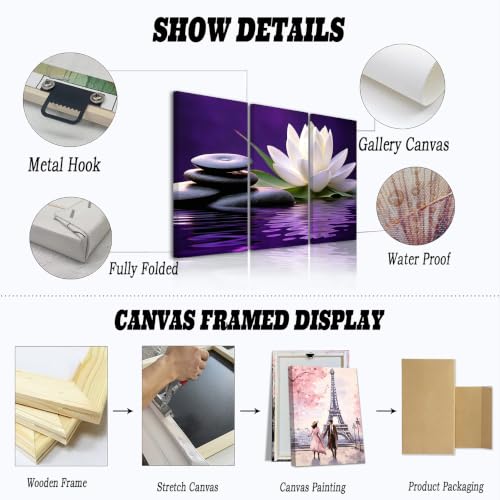 CXHOSTENT Bathroom Wall Art 3PCS White Lotus Bloom in Water Canvas Prints Black Zen Stone Pictures Spa Paintings for Meditation Spiritual Room Decor Framed (Purple, 8x16inchx3 Pieces)
