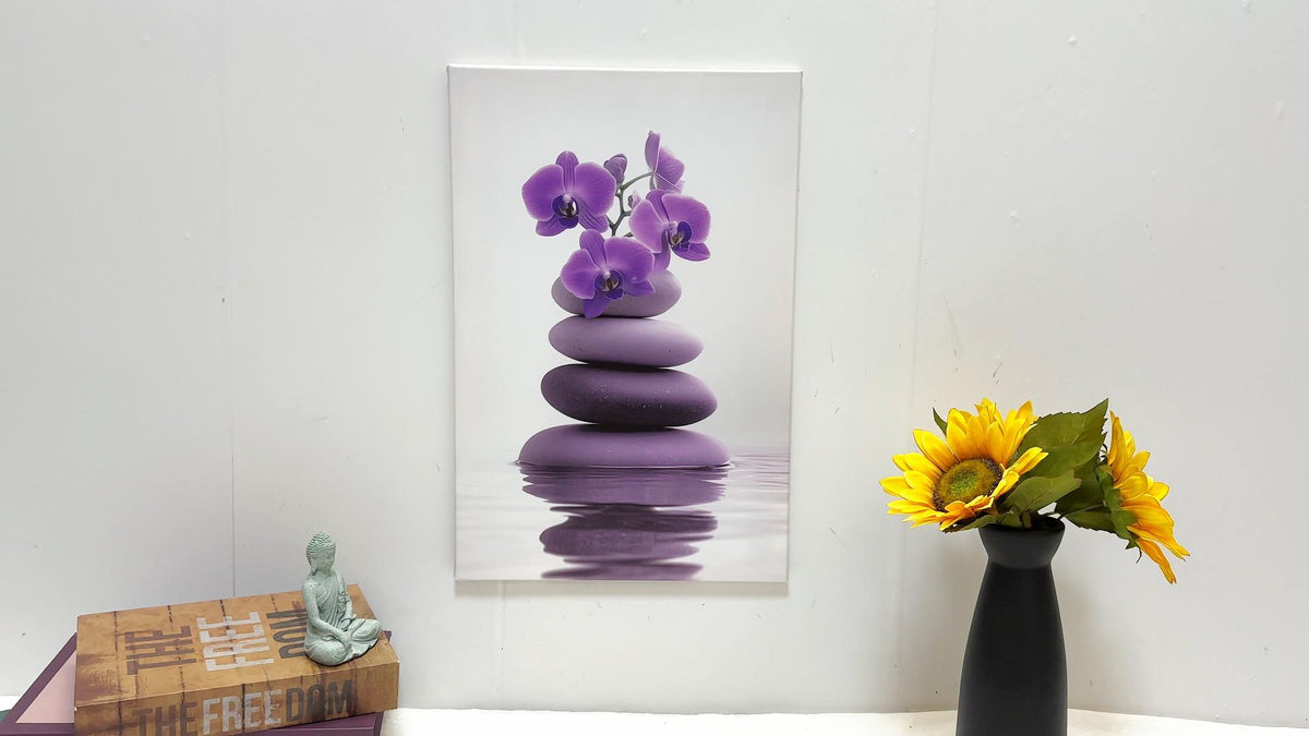 ZXHYWYM Zen Wall Art Stones Picture Orchid Canvas Painting Purple Zen Water Prints Spa Bathroom Decor Meditation Yoga Room Office Home Framed (12" x 18")