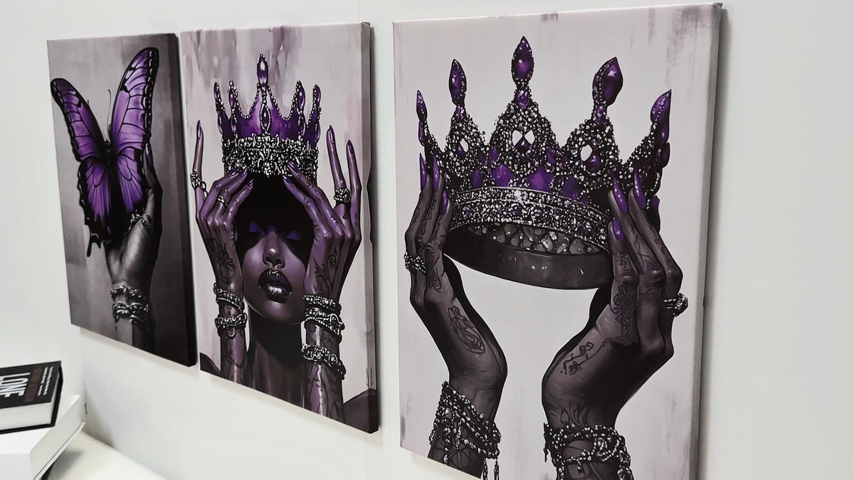 DOARTDO African American Canvas Wall Art 3 Pieces Purple Fashion Black Art Print Black Woman Pictures with Crown African Queen Painting Home Decor Framed (12"x16"x3 Pieces)